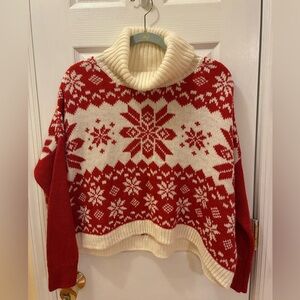 Elegant Red and White Snowflake Turtleneck Sweater